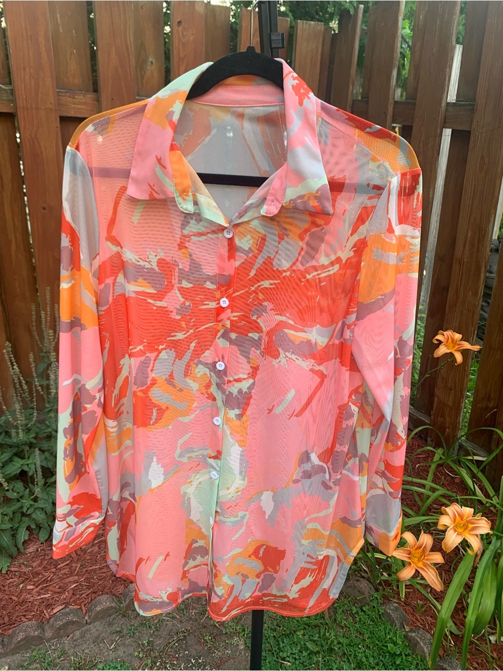 Amazon Coral Pink & Orange Sheer Abstract Button-Down Shirt